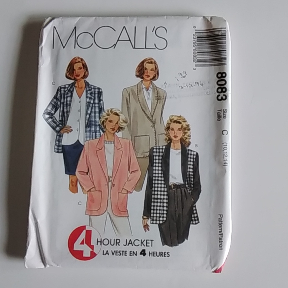 McCall's #8083 SZ 10-14 Blazer Jacket Vintage Pattern
